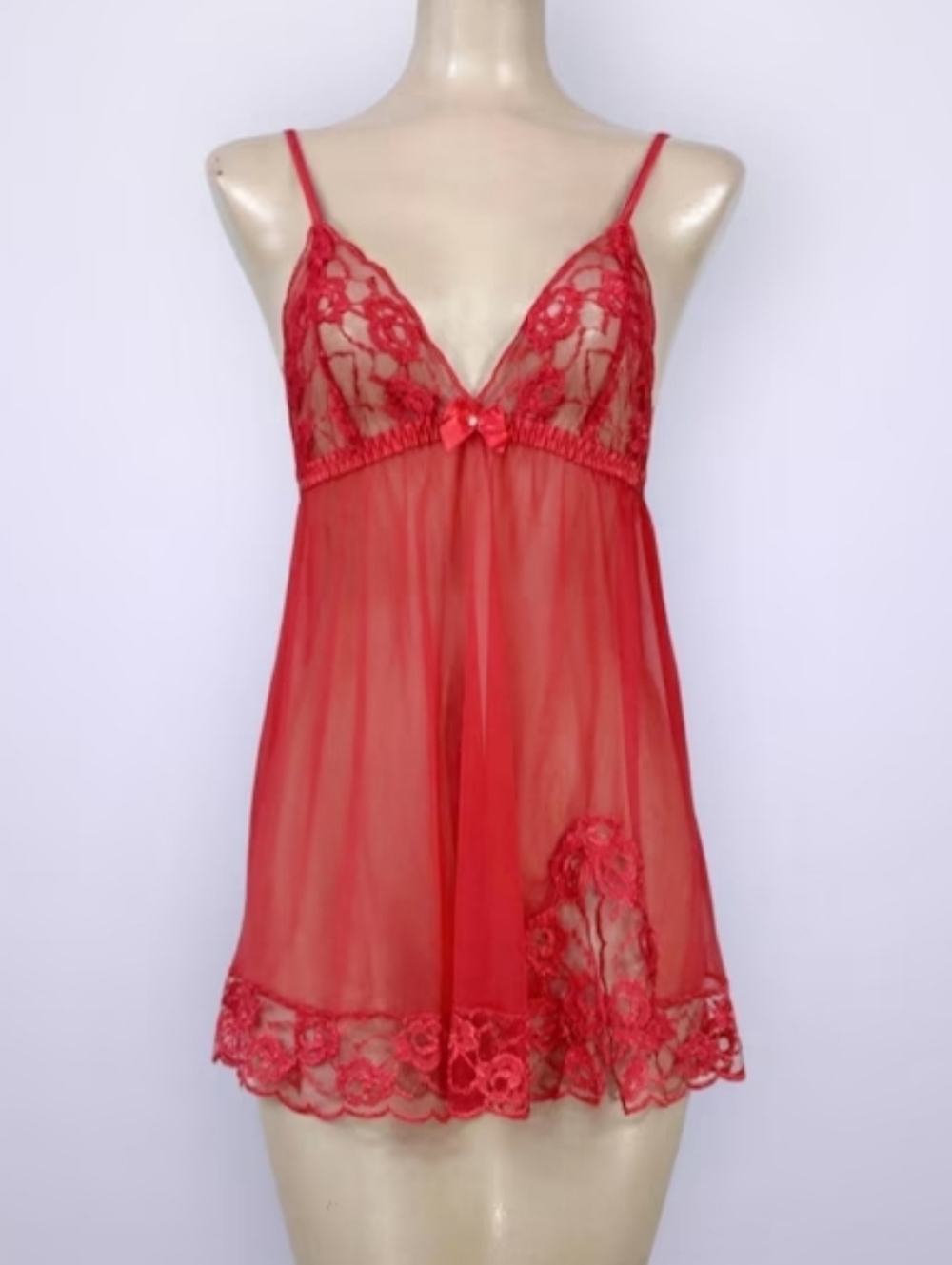 Fredericks Of Hollywood Red Sheer Lace Babydoll Chemise Size Large